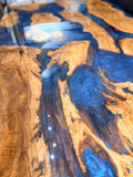 Reclaimed Burr Oak and Deep-Sea Blue Resin River Dining table by David Kenworthy