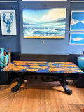Reclaimed Burr Oak and Deep-Sea Blue Resin River Dining table by David Kenworthy
