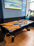 Reclaimed Burr Oak and Deep-Sea Blue Resin River Dining table by David Kenworthy