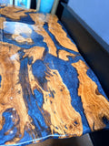 Reclaimed Burr Oak and Deep-Sea Blue Resin River Dining table by David Kenworthy